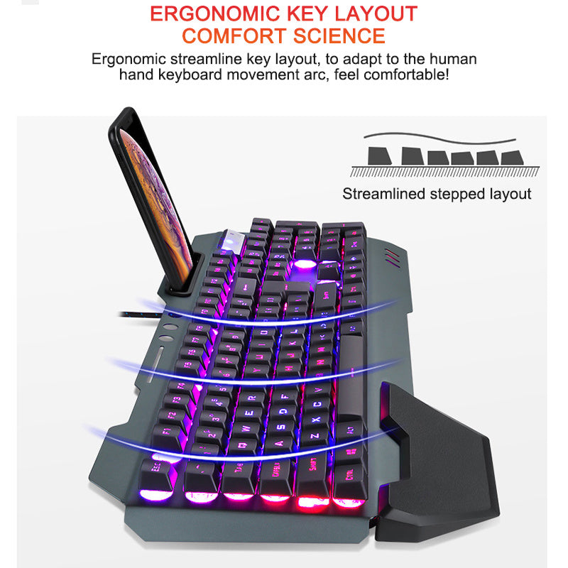 Ergonomic Wired Gaming Keyboard with RGB Backlight Phone Holder