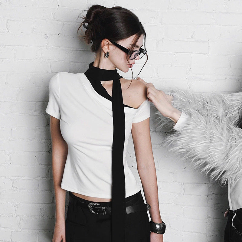 European And American Diagonal Collar Single Shoulder Ribbon T-shirt In Contrast Color