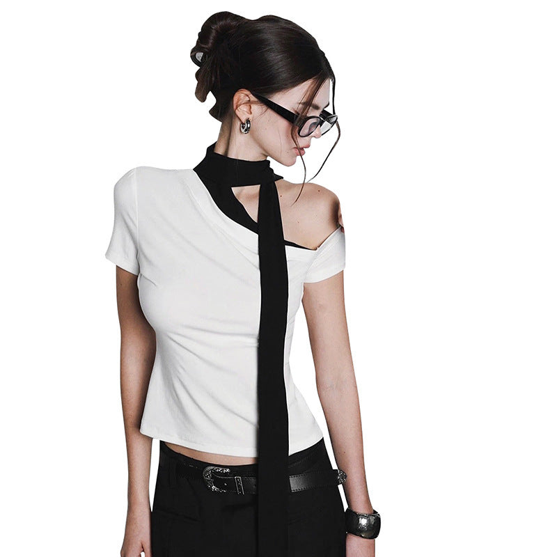 European And American Diagonal Collar Single Shoulder Ribbon T-shirt In Contrast Color