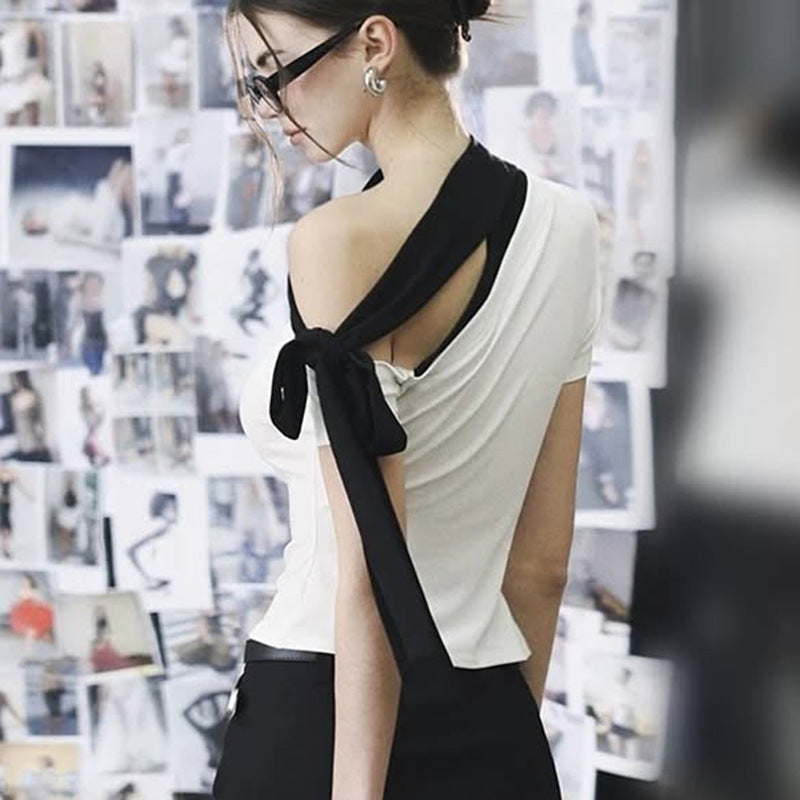 European And American Diagonal Collar Single Shoulder Ribbon T-shirt In Contrast Color