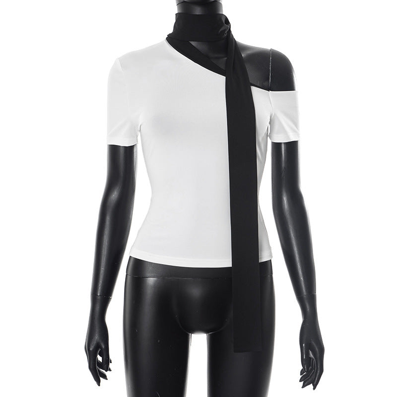 European And American Diagonal Collar Single Shoulder Ribbon T-shirt In Contrast Color