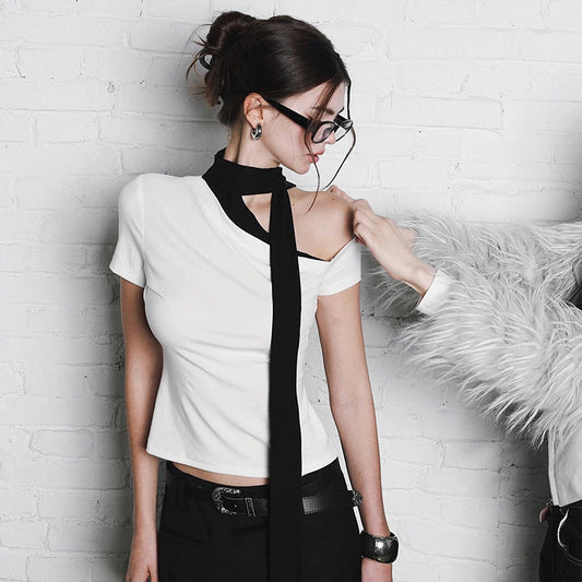 European And American Diagonal Collar Single Shoulder Ribbon T-shirt In Contrast Color